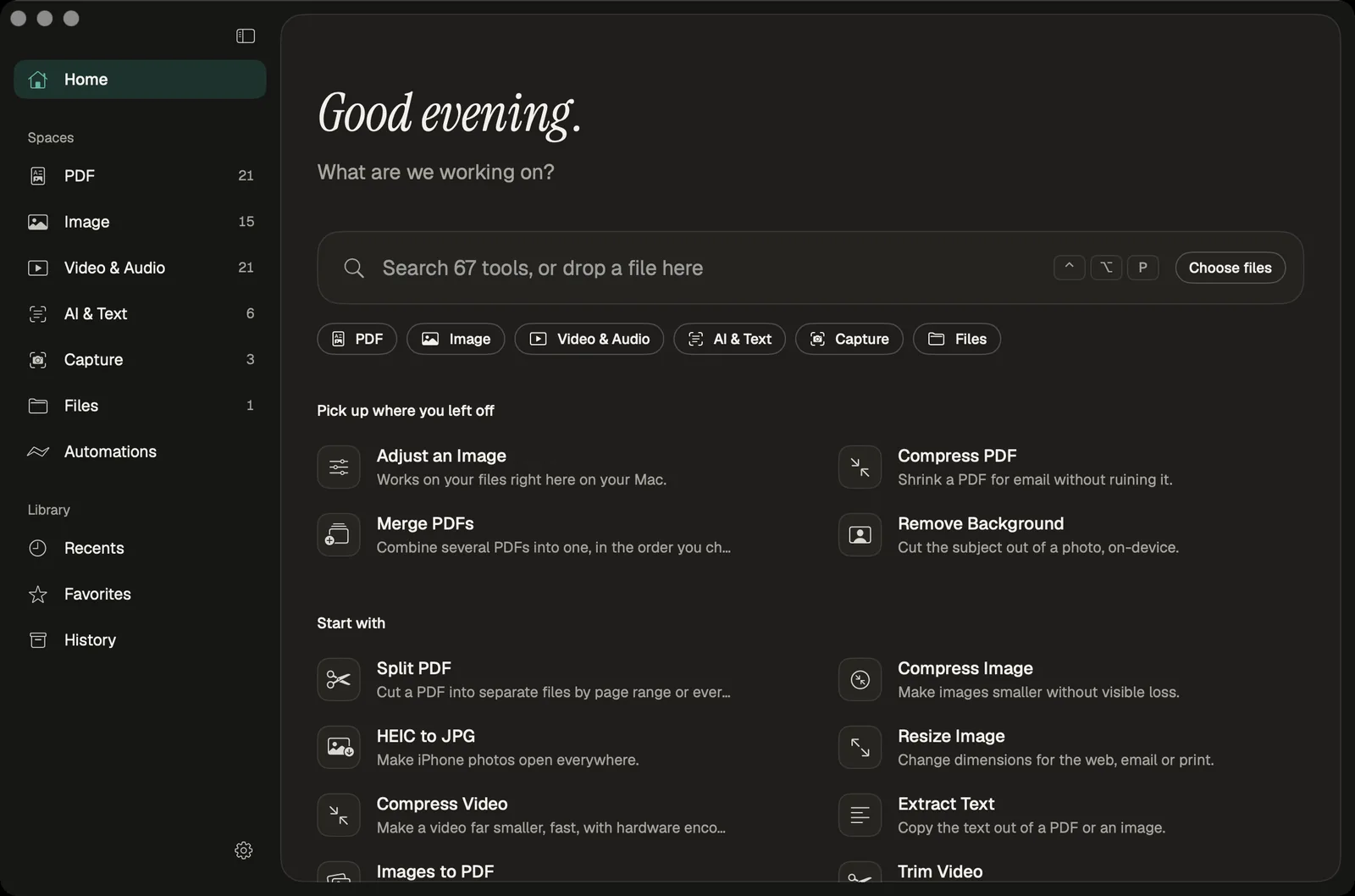 Paperlane for Mac home screen with a search field and file tools