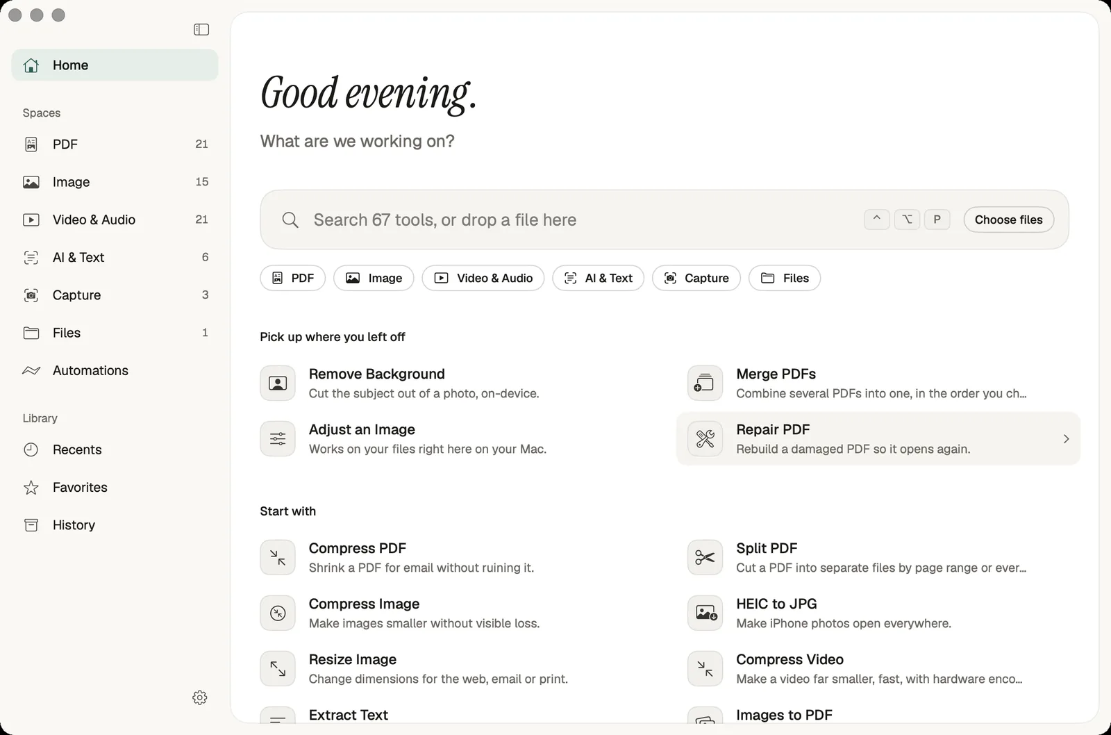 Paperlane for Mac home screen with a search field and file tools